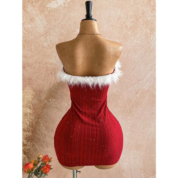Sexy Christmas Pompom White Fur Trimmed Knit Mini Red Dress XS, S, M, L - Picture 3 of 6